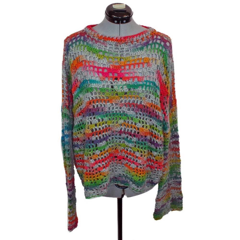 NWT Handmade Crochet Sweater Womens 2XL RainbowOversized Mesh Wool Blend